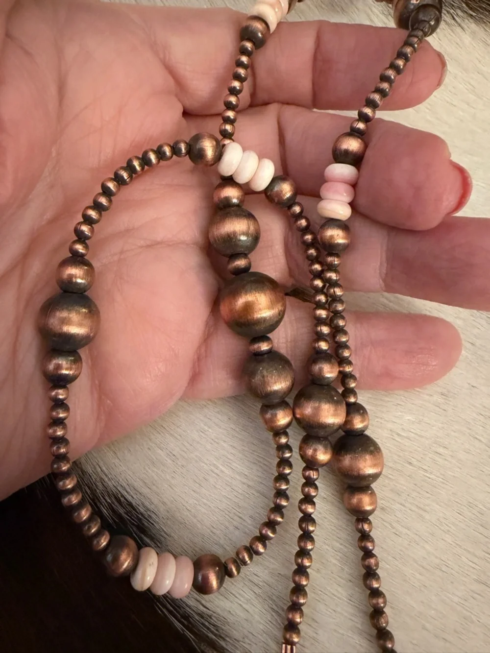 ❤️ Oxidized Copper Desert Pearl Queen Pink Conch Rondel Beads 21” Necklace 29.3G
